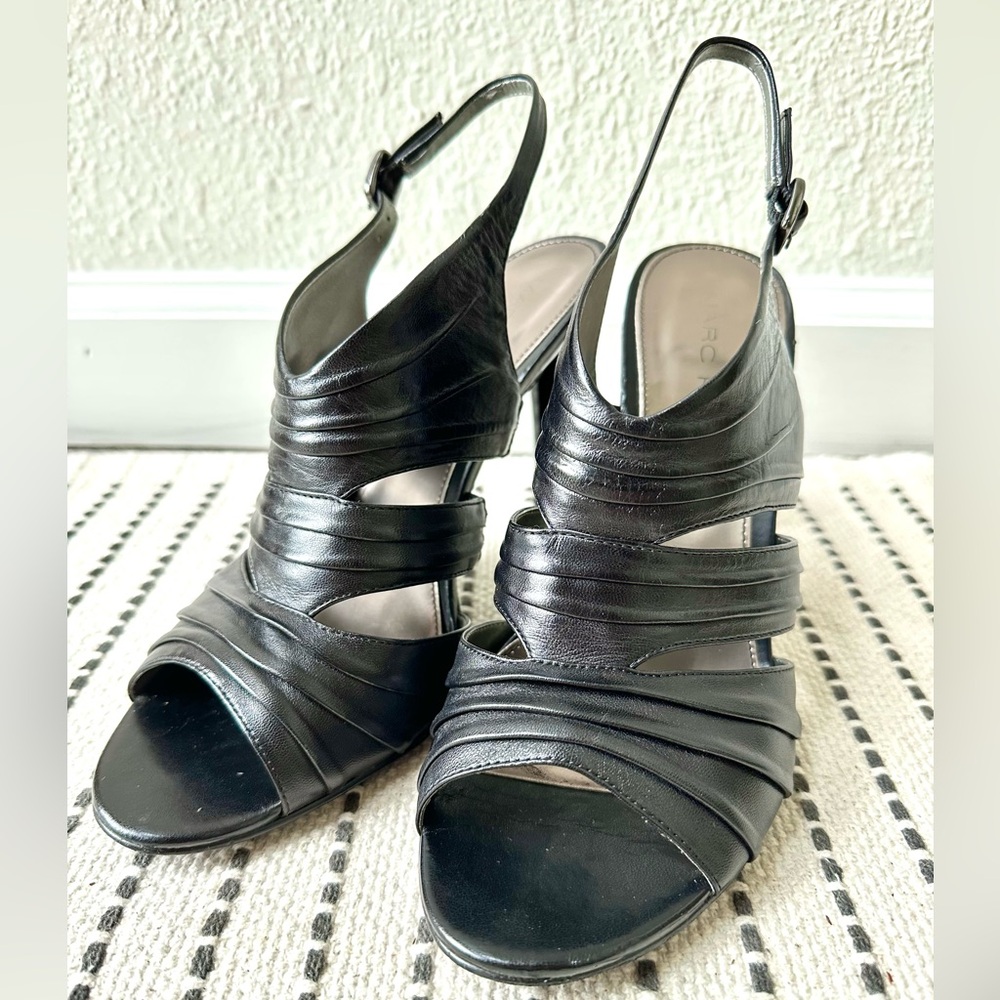 Elegant Black Leather Marc Fisher Slingback Heels